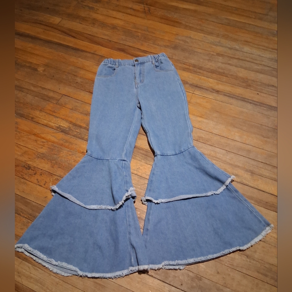 Wide Tiered Bell Bottom Jeans - Light Blue